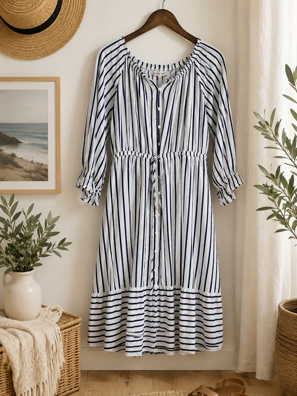 Indigo Soul Striped Peasant Dress | Navy & White Button Front Tie Waist | Size L
